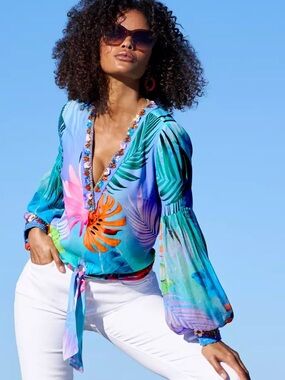 Boston Proper Tropical Beaded top ,V-Neck ,S,Tie-Front ,puffed sheer sleeves, EC